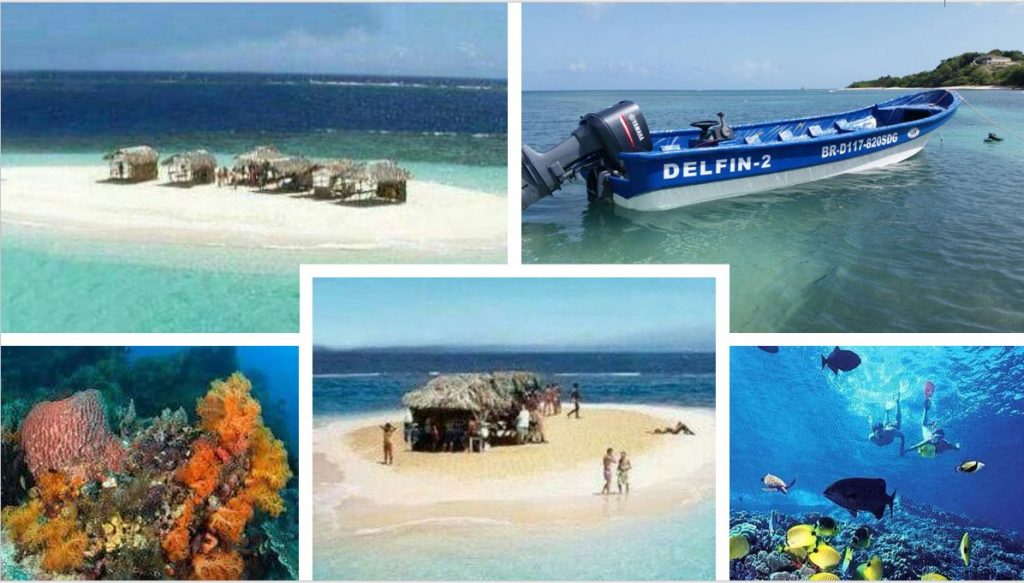 5 photos paradise island, a speedboat, the island and the underwater worl